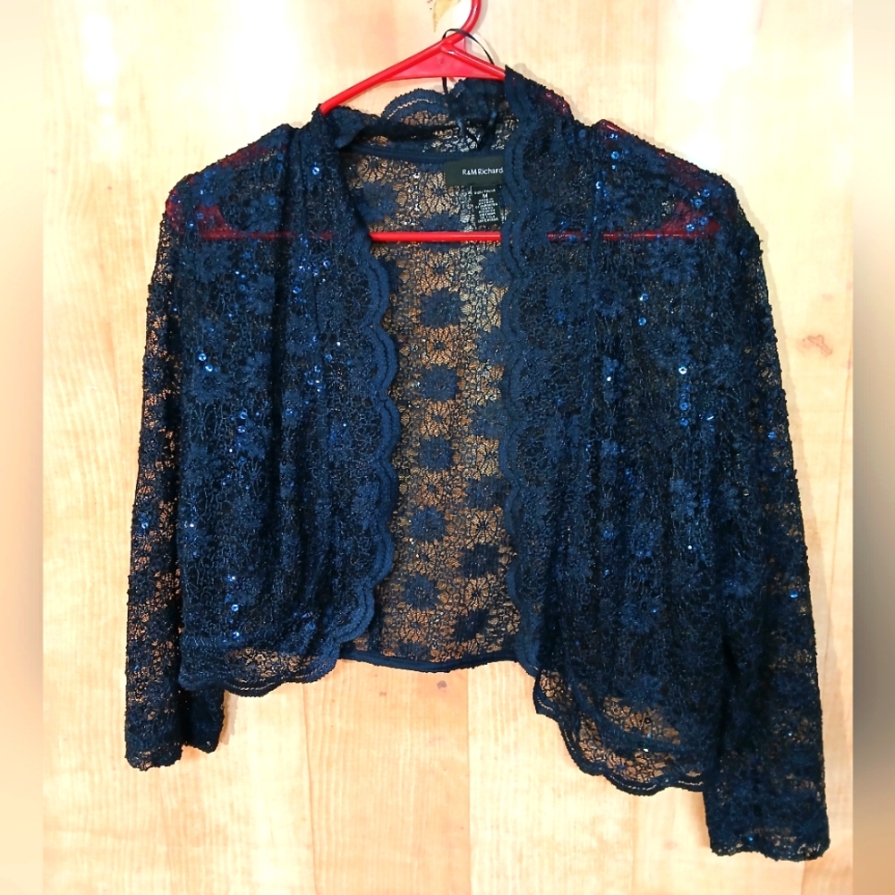 R & M Richards Navy Sequin Lace Open-Front Bolero Jacket